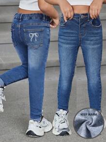 SHEIN 年轻女孩 Y2K 蓝色耐热水钻蝴蝶结牛仔布保暖内衬弹力牛仔裤，羊毛加厚棕色服装和弹力牛仔裤，增添温暖，女孩秋冬服装 - 藍色 - 查看 1