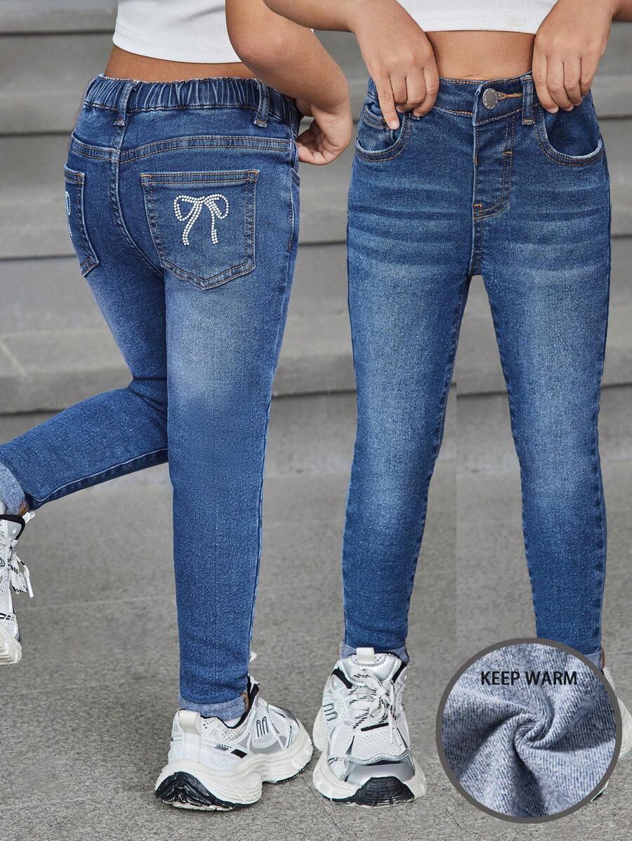 SHEIN 年轻女孩 Y2K 蓝色耐热水钻蝴蝶结牛仔布保暖内衬弹力牛仔裤,羊毛加厚棕色服装和弹力牛仔裤,增添温暖,女孩秋冬服装 - 藍色 - 查看 1