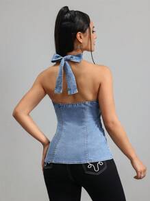 K-Vae Women Sexy Bodycon Halter Denim Top, Blue