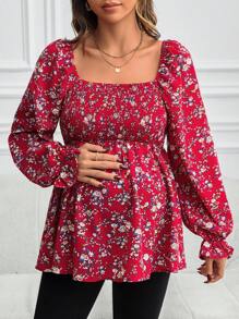 SHEIN 孕妇装 女士碎花灯笼袖衬衫，春季 - 紅色 - 查看 3