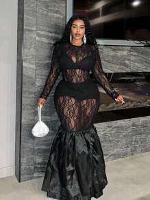 Slaydiva Vestido negro de malla de manga larga, ajustado y con efecto de cola de sirena, con detalles de encaje, para talla grande, diseño sexy, para invierno - Negro - Ver 3