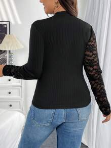 SHEIN Essnce Plus Size Women's Autumn And Winter Fashion Elegant Comfortable Transparent Lace Stitching Black Tight Long-Sleeved T-Shirt,Fall Women Clothes,Office Wear,Curv Tops,Sexy Long Sleeve Tops,Party Women ,Business Casual Women,Work Wear,Christmas Party,New Year Eve,Classy Outfits