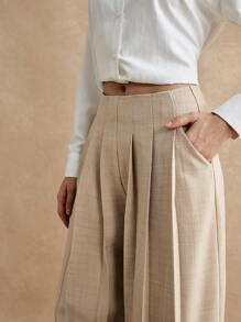 Poéselle Women's Solid Color Pleated Pocket Minimalist Office Pants, Casual Wear