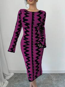 Elenzga Đầm bó sát dệt kim Jacquard thanh lịch cho nữ - Màu tím - Xem 4