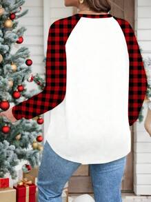 SHEIN LUNE Casual Simple Loose Red Plaid Christmas Tree Print Round Neck Long Sleeve T-Shirt For Plus Size, Suitable For Autumn/Winter - Multicolor - View 2