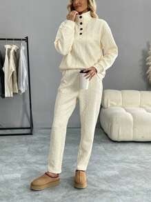 SHEIN LUNE Women 2pcs Set Solid Color Front Button Long Sleeve Casual Top And Pants