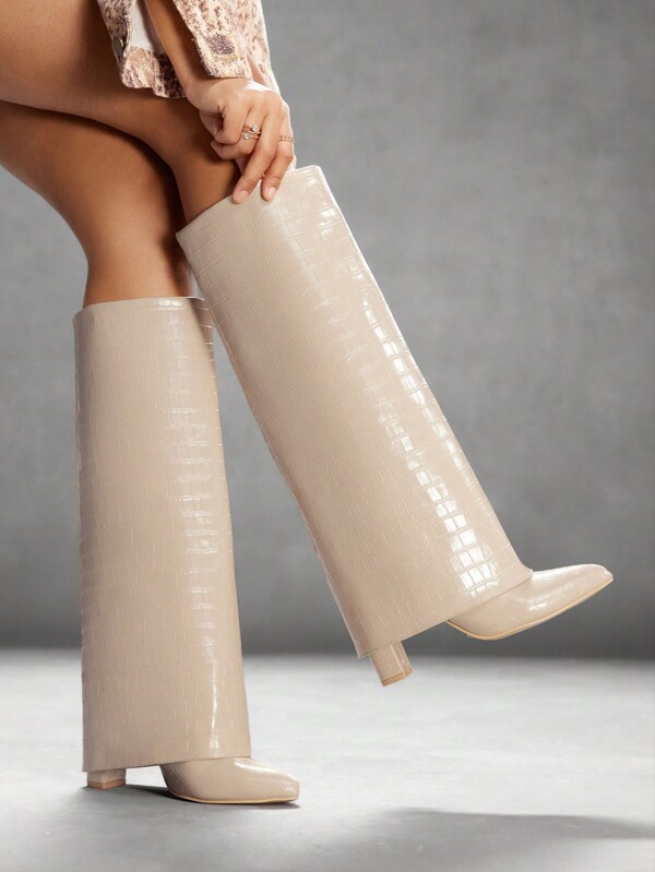 CUCCOO SZL Botas altas de color albaricoque con puntera puntiaguda, tacón grueso sobre la rodilla, sexy y elegante botas de montar para la vibra de Navidad y Año Nuevo, otoño e invierno, San Valentín