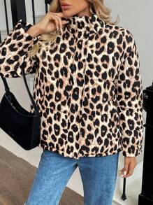 SHEIN LUNE Abrigo de mujer con cierre frontal, manga larga, estampado de leopardo, acolchado minimalista, para uso casual diario - Multicolor - Ver 3