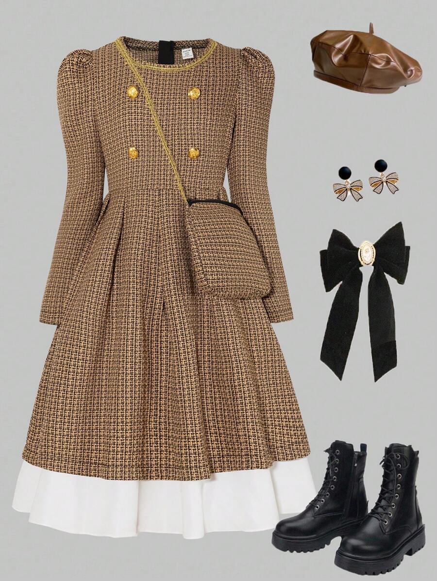 青少年女孩前扣长袖休闲连衣裙，简约风格，适合日常穿着 - 彩色 - 查看 1