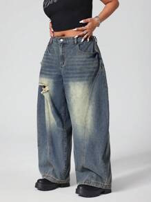 SHEIN ICON Quần Jeans Boyfriend Rộng Rãi, Cỡ Lớn, Thường Ngày, Có Dây Đeo, Giặt Sạch, Rộng Rãi, Baggy - Màu xanh lam - Xem 6