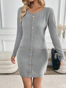 SHEIN Clasi Vestido elegante de manga larga, ajustado, con cuello redondo y abotonado, de un solo color - Gris - Ver 4