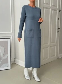 EURMUSE 女士纯色圆领口袋细节长款毛衣连衣裙 - 霧霾藍 - 查看 5