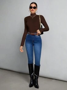 SHEIN Tall Atasan Putih Polos Sederhana dengan Kerah Tinggi, Cocok untuk Musim Gugur dan Musim Dingin, untuk Wanita Tinggi - Coffee Brown - View 4