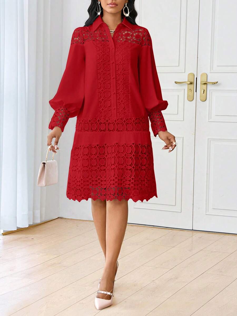 SHEIN Lady Spring And Summer Casual Elegant Work  Contrast Lace Shirt Dress Tunic Dress Midi Women Dresses - Red - View 1