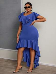 Slaydiva Váy suông màu vàng trơn thanh lịch & dự tiệc & hẹn hò cỡ lớn dành cho nữ có cổ áo viền xếp nếp và viền xếp nếp bất đối xứng, cao thấp, phù hợp cho mùa xuân/hè - Màu xanh lam - Xem 4