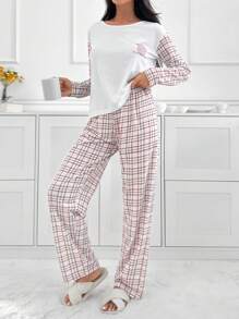 EURMUSE 2pcs Cotton Plaid Block Shirt And Plaid Patterned Lounge Bottom Homewear Set - White - View 3