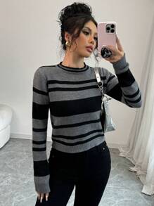 Elenzga Áo len chui đầu tay dài cổ tròn sọc cắt cúp phong cách retro đa năng thường ngày - Xám - Xem 1