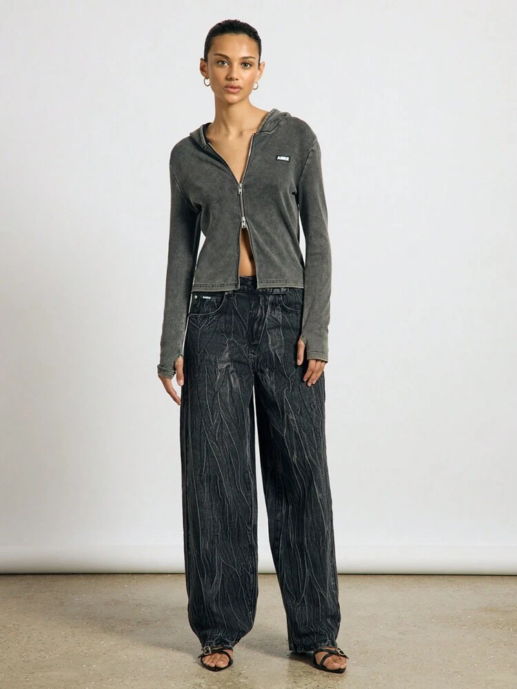 Crushed Texture Washed Baggy Fit Barrel Leg Jeans