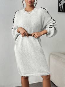 SHEIN Unity 带纽扣绳设计的立领休闲宽松女式毛衣裙 - 白色 - 查看 3
