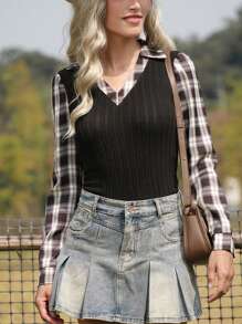 LanaWest Blusa de mujer LanaWest de ajuste regular, casual, a cuadros y con bloques de color, para primavera/otoño