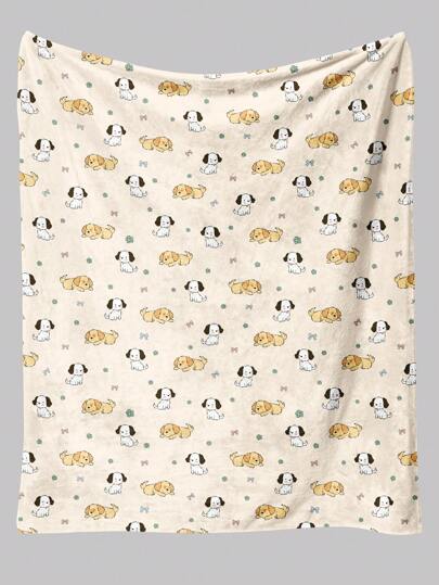 Kawaii 1pc Cute Dog Cartoon Print Soft & Warm Plush Blanket, Suitable For Home Decor, Living Room, Sofa, Chaise Lounge And Bedroom