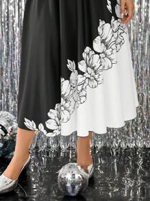 SHEIN Clasi Plus Size Women Woven Floral Grey Printed Asymmetrical Hem Elegant Skirt, Suitable For Autumn/Winter, Christmas & Halloween Party Fall Cloth For Women - Multicolor - View 1