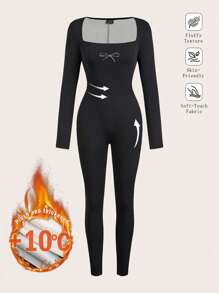 SHEIN Essnce 1 件女式黑色方领休闲紧身保暖内衬厚保暖长袖全长连体裤，适合秋冬季 - 黑色 - 查看 3