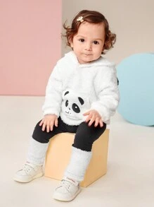 SHEIN Outfit für Baby Mädchen mit Panda Design Kapuzensweatshirt und einfarbigen Leggings für den täglichen Gebrauch, Herbst/Winter - Schwarz und Weiss - Übersicht 5
