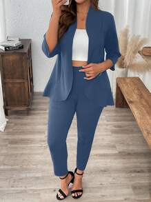 SHEIN LUNE Traje de oficina de 2 piezas (blazer de manga 3/4 y pantalones) de unicolor para mujer talla grande - Ropa casual de negocios, vestidos de invierno, ropa de mujer para el Año Nuevo, atuendos de mujer para el Día de Acción de Gracias, atuendos de mujer para fiestas