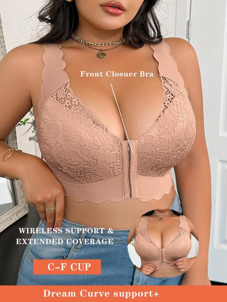 1pc Front Closure Contrast Lace Plus Size Wireless Bra Lingerie - Apricot - View 1