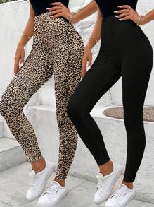 SHEIN LUNE 2件套简约休闲女式豹纹打底裤，适合秋冬季节，休闲百搭 - 彩色 - 查看 1