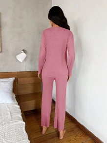 SHEIN Cottnline Slogan & Floral Pattern Ribbed Knit Lounge Set - Dusty Pink - View 2