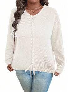 Calvaya Plus Size Simple Solid Color Lace Up Front Sweater, Casual For Autumn/Winter Knit Pullover Fall - Apricot - View 3