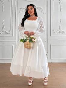 Flirla Đầm Maxi Nữ Cổ Vuông Tay Phồng Đơn Giản Thanh Lịch Màu Trơn Viền Ren Viền Xòe, Dành Cho Mùa Xuân/Hè/Thu - Màu be - Xem 1