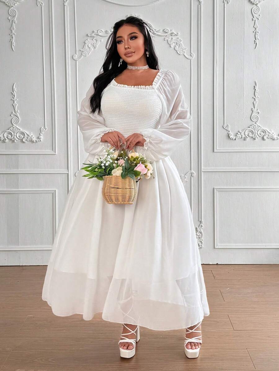 Flirla Đầm Maxi Nữ Cổ Vuông Tay Phồng Đơn Giản Thanh Lịch Màu Trơn Viền Ren Viền Xòe, Dành Cho Mùa Xuân/Hè/Thu - Màu be - Xem 1