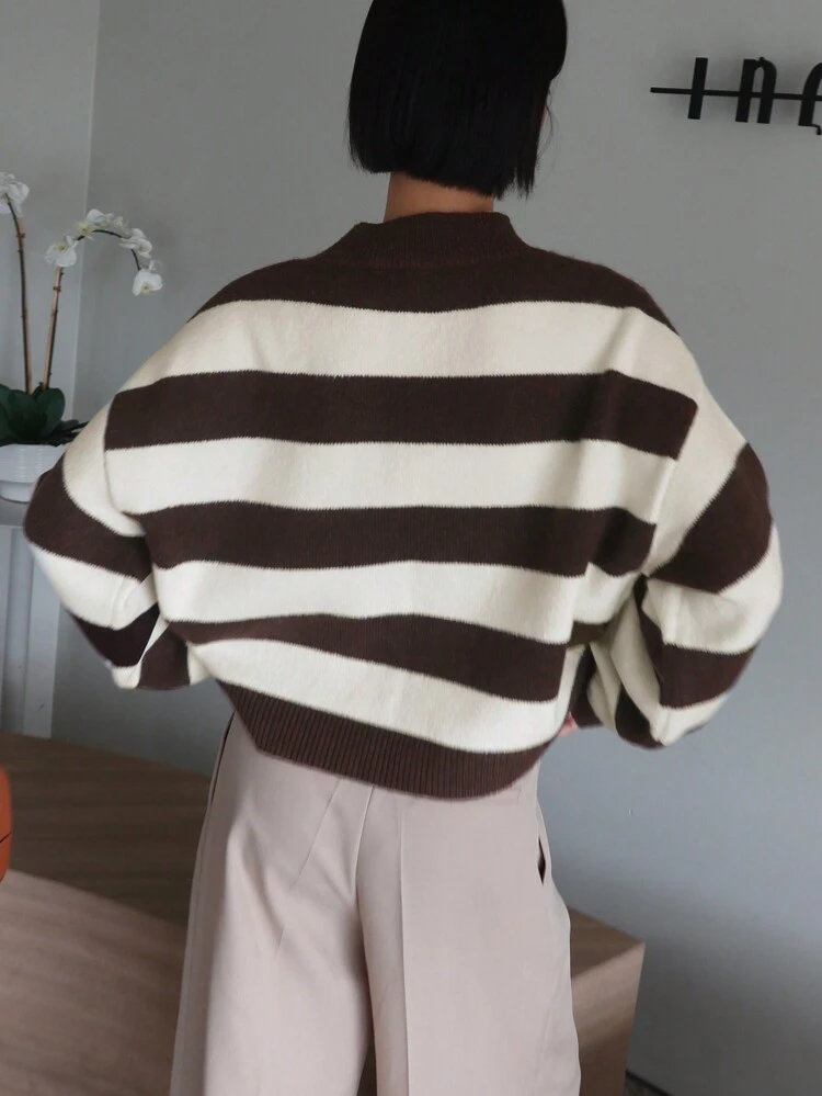 Women's Striped Print V-Neck Contrast Color Loose Casual Long Sleeve Sweater Fall,Winter