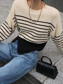 DAZY Contrast Striped Loose Crew Neck Long Sleeve Split Side Women Sweater