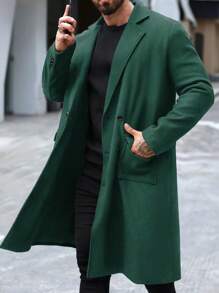 Manfinity Hypemode Abrigo largo de doble botonadura de unicolor con bolsillos de manga larga para hombre, otoño/invierno
