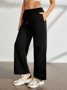 SHEIN Sports Women Solid Color Drawstring Pocket Straight Leg Outdoor Sports Pants