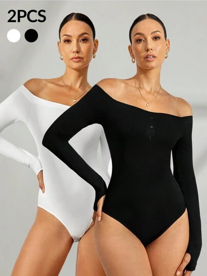 Gameset SHEIN Sport Women Plain Color Front Button Long Sleeve Off Shoulder Casual Jumpsuit