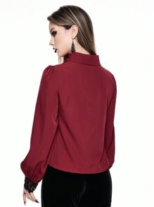 ROMWE Gothic Spider Web Embroidered Burgundy Women Blouse, Can Be Worn As Inner Layer