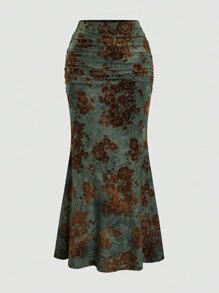 Sweetra 女式复古植绒印花鱼尾裙（秋冬长裙） - 軍綠色 - 查看 1