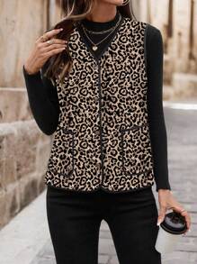 SHEIN Clasi Women's Leopard Print Sleeveless Padded Padded Coat Clothes Winter - Apricot - View 4