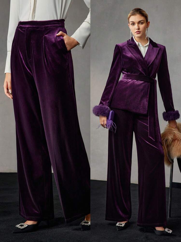 VELVET SOLID SLANT POCKET WIDE LEG SUIT PANTS