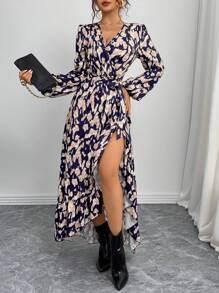 SHEIN Clasi 1 pieza Vestido de manga larga con cuello en V elegante, diseño de giro y estampado todo sobre