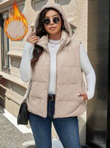 SHEIN LUNE 加大码前拉链无袖口袋简约夹棉大衣，休闲日常穿着冬季服装度假装保暖 - 杏色 - 查看 6