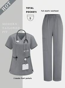 Scrubzie Solid Color V-Neck Short Sleeve Top With Pockets And Elastic Waist Pants Scrub Uniform Set