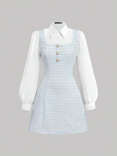 SHEIN MOD Women's Lapel Long Sleeve Button Front Patchwork Casual Mini Dress,White Graduation Dress