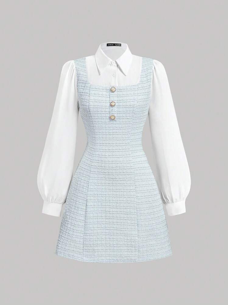 SHEIN MOD Robe casual mini à manches longues avec boutons et patchwork sur le col pour femmes