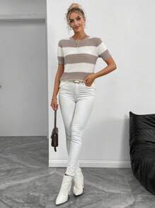 SHEIN LUNE Áo chui đầu dệt kim cổ tròn tay ngắn thời trang phong cách châu Âu & Mỹ mới 2024 màu tương phản thường ngày - Nhiều màu - Xem 5